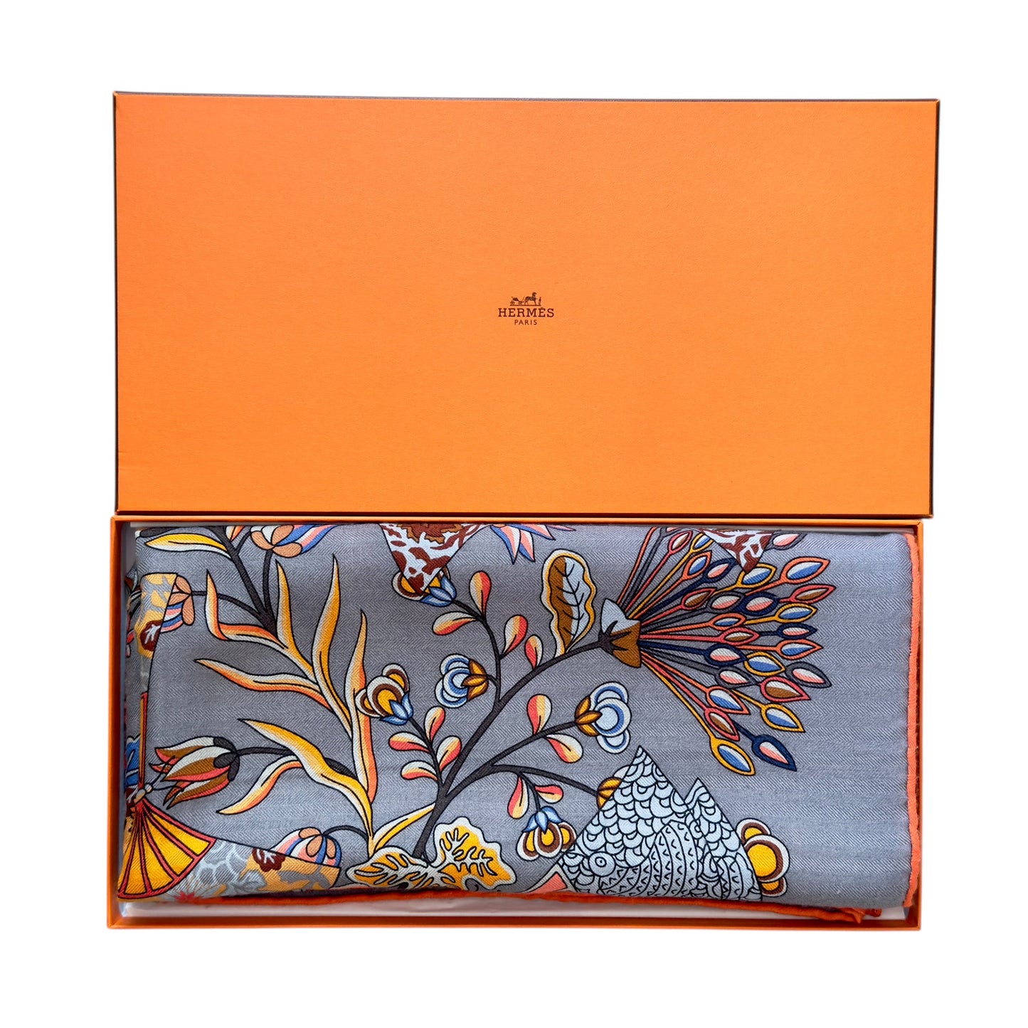 HERMES Fleurs et Papillons de Tissus shawl 140 繁花蝶舞 羊絨 圍巾