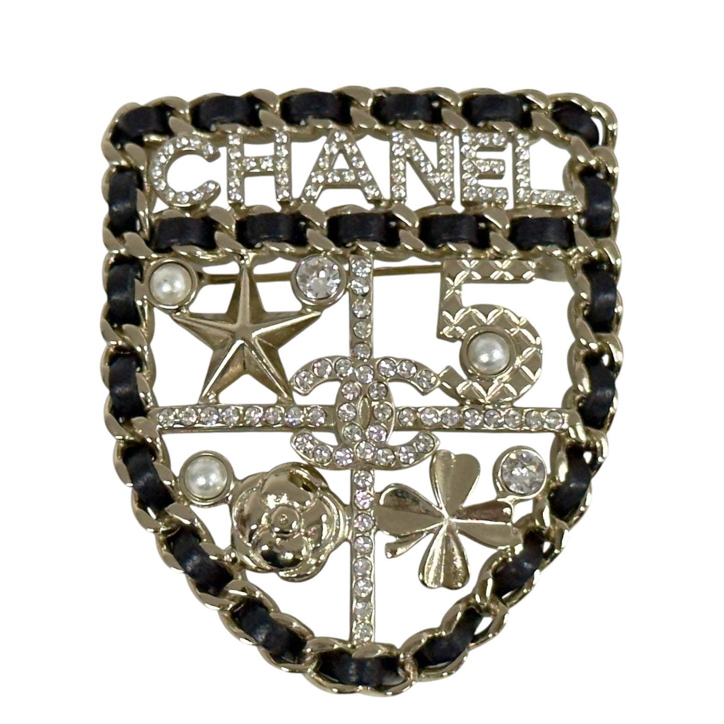 CHANEL CC 水鑽 皮穿鏈 徽章 胸針