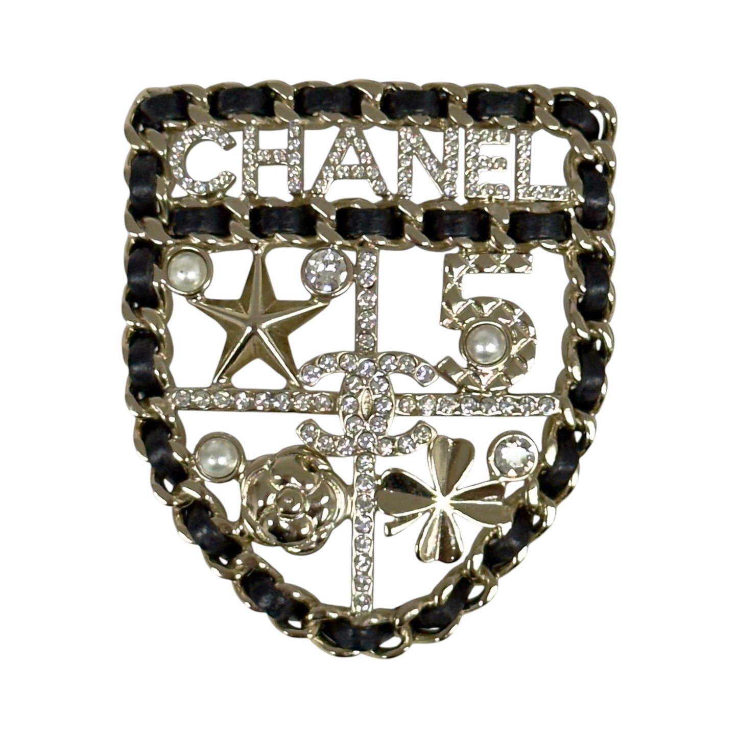 CHANEL CC 水鑽 皮穿鏈 徽章 胸針