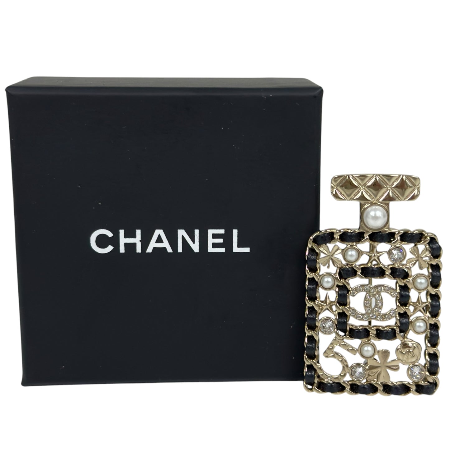 CHANEL CC 水鑽 皮穿鏈 香水樽 胸針