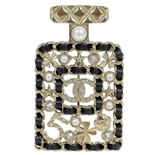 CHANEL CC 水鑽 皮穿鏈 香水樽 胸針