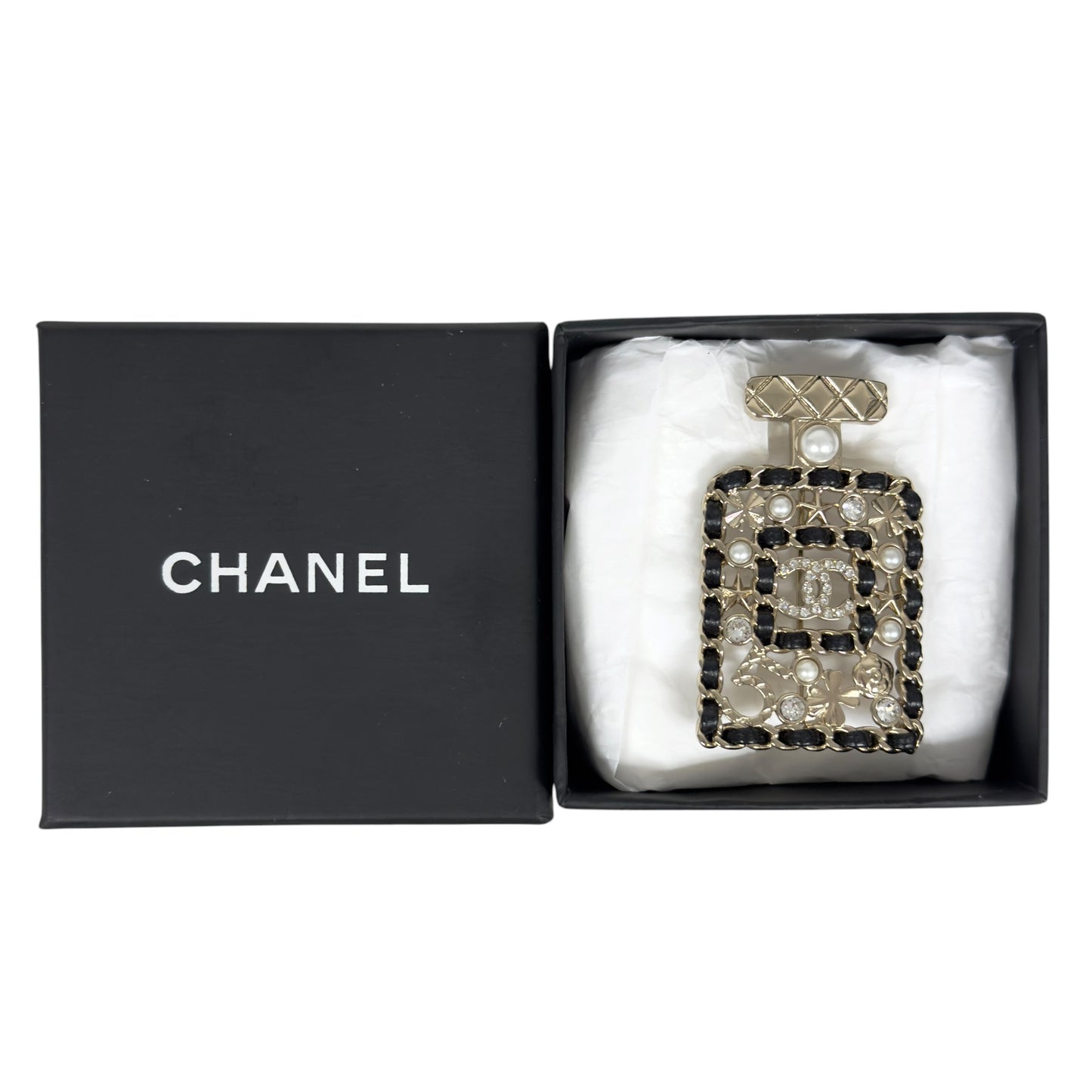 CHANEL CC 水鑽 皮穿鏈 香水樽 胸針