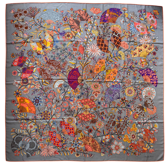 HERMES Fleurs et Papillons de Tissus shawl 140 繁花蝶舞 羊絨 圍巾