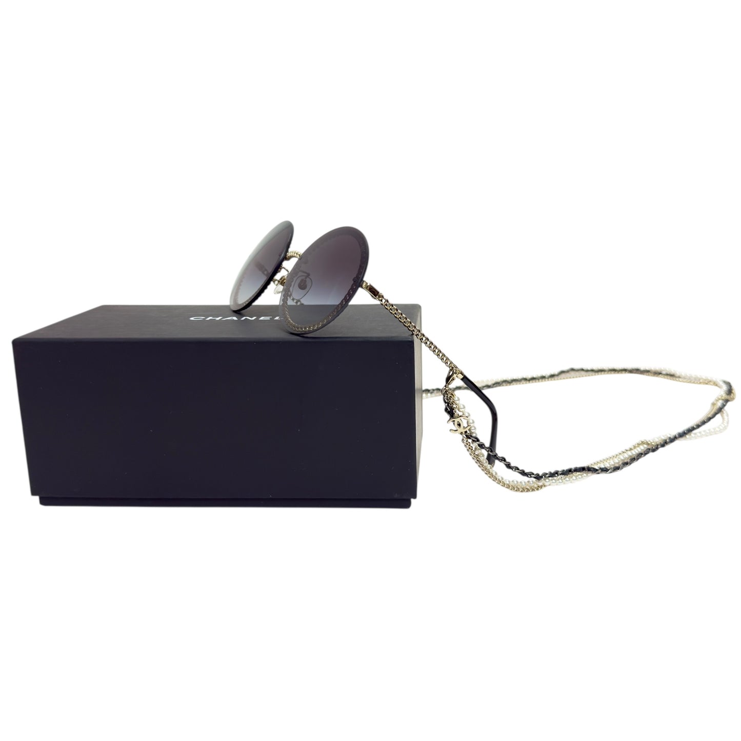 CHANEL CC 珍珠鏈條綴飾圓形太陽眼鏡