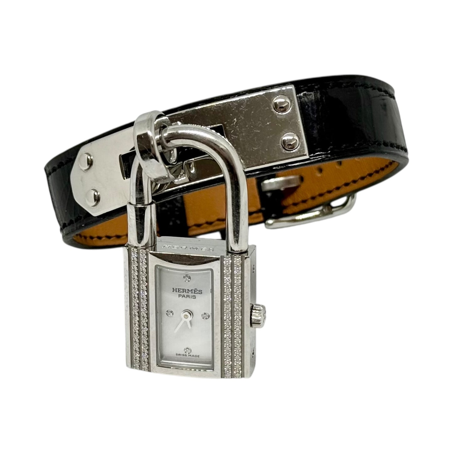 HERMES Kelly 鑽石 貝母錶盤 鱷魚皮錶帶 手錶