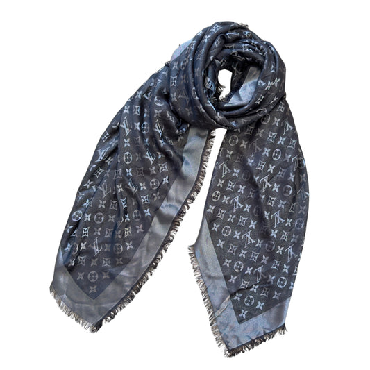 LOUIS VUITTON 老花 閃閃銀絲 圍巾