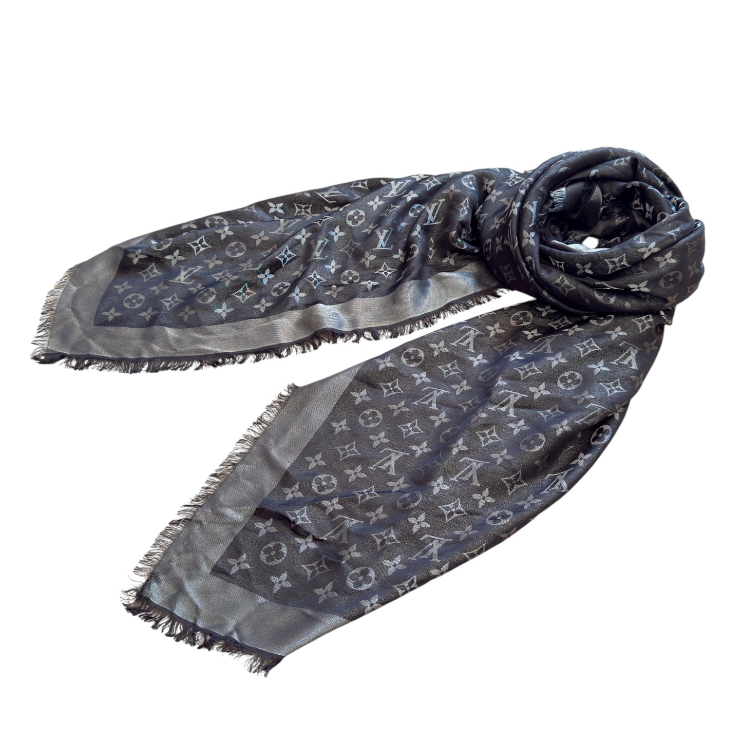 LOUIS VUITTON 老花 閃閃銀絲 圍巾
