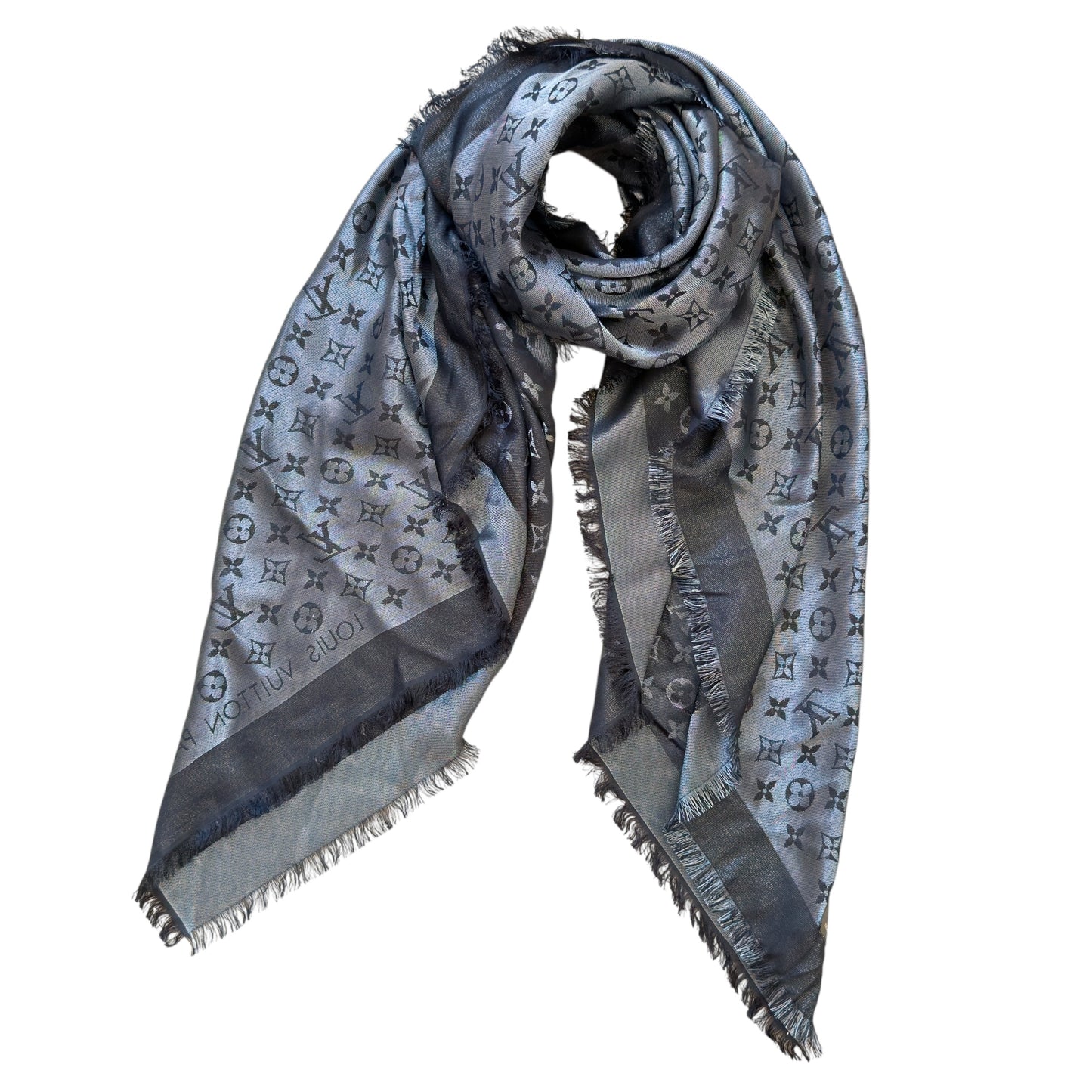 LOUIS VUITTON 老花 閃閃銀絲 圍巾