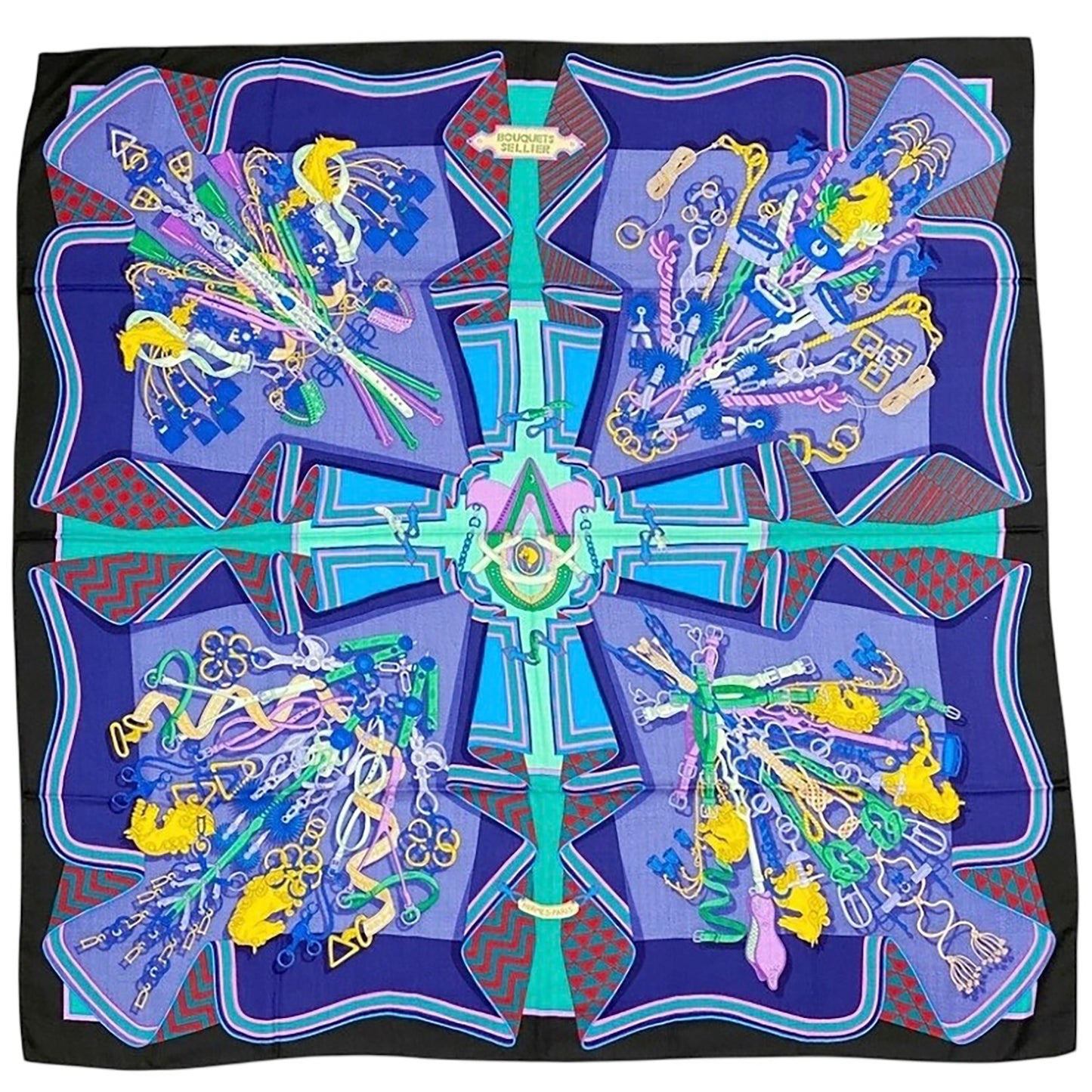 HERMES Bouquets Sellier shawl 140 鞍具花束 羊絨 圍巾