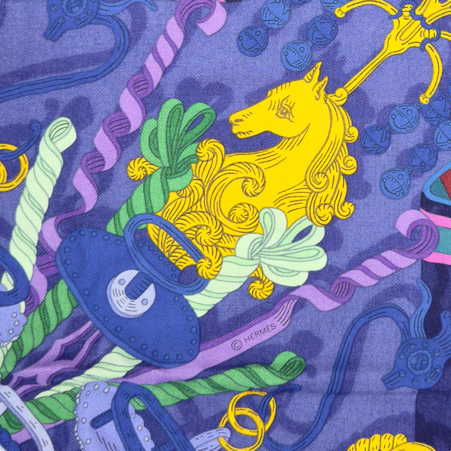 HERMES Bouquets Sellier shawl 140 鞍具花束 羊絨 圍巾