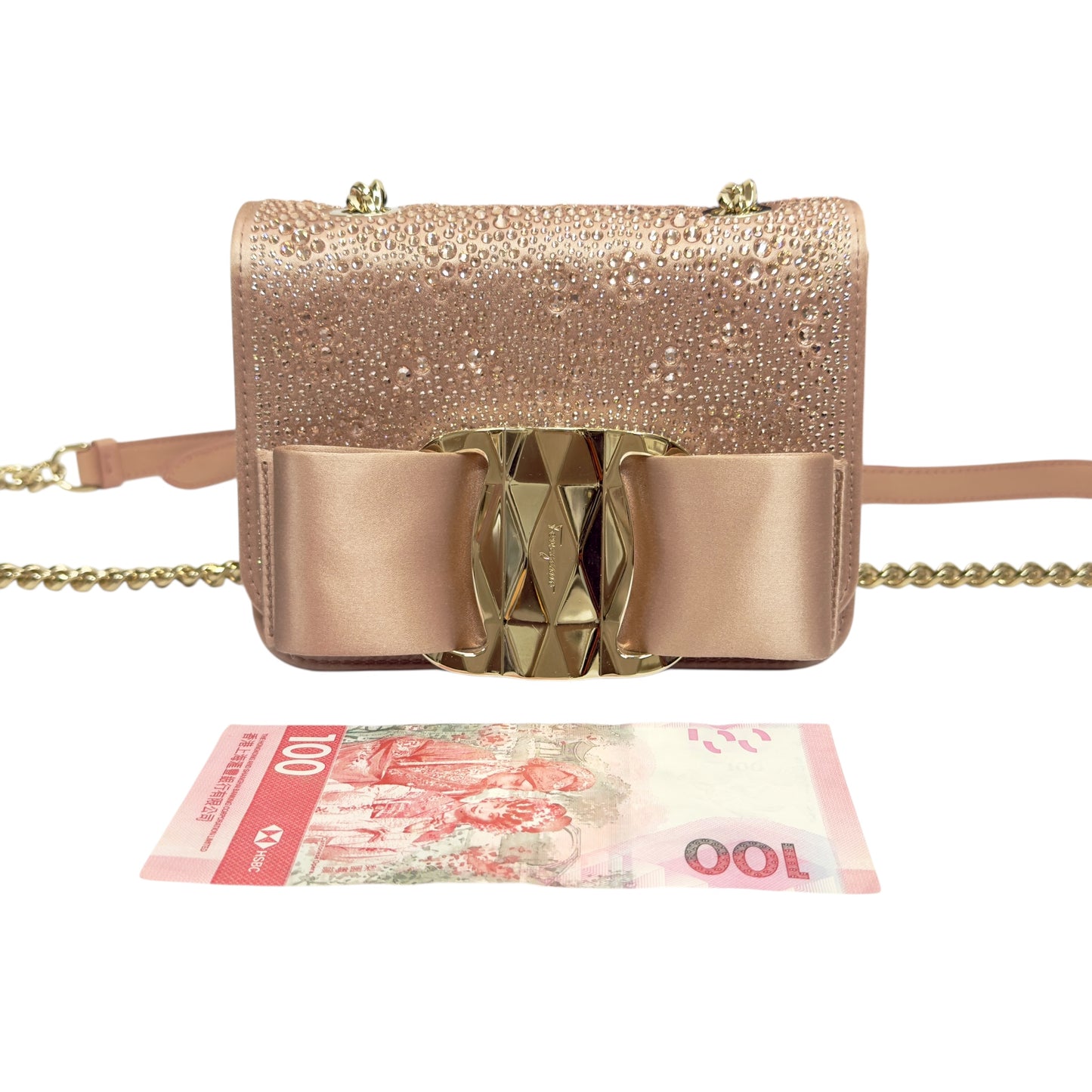 FERRAGAMO 滿鑽 鏈條 斜揹袋